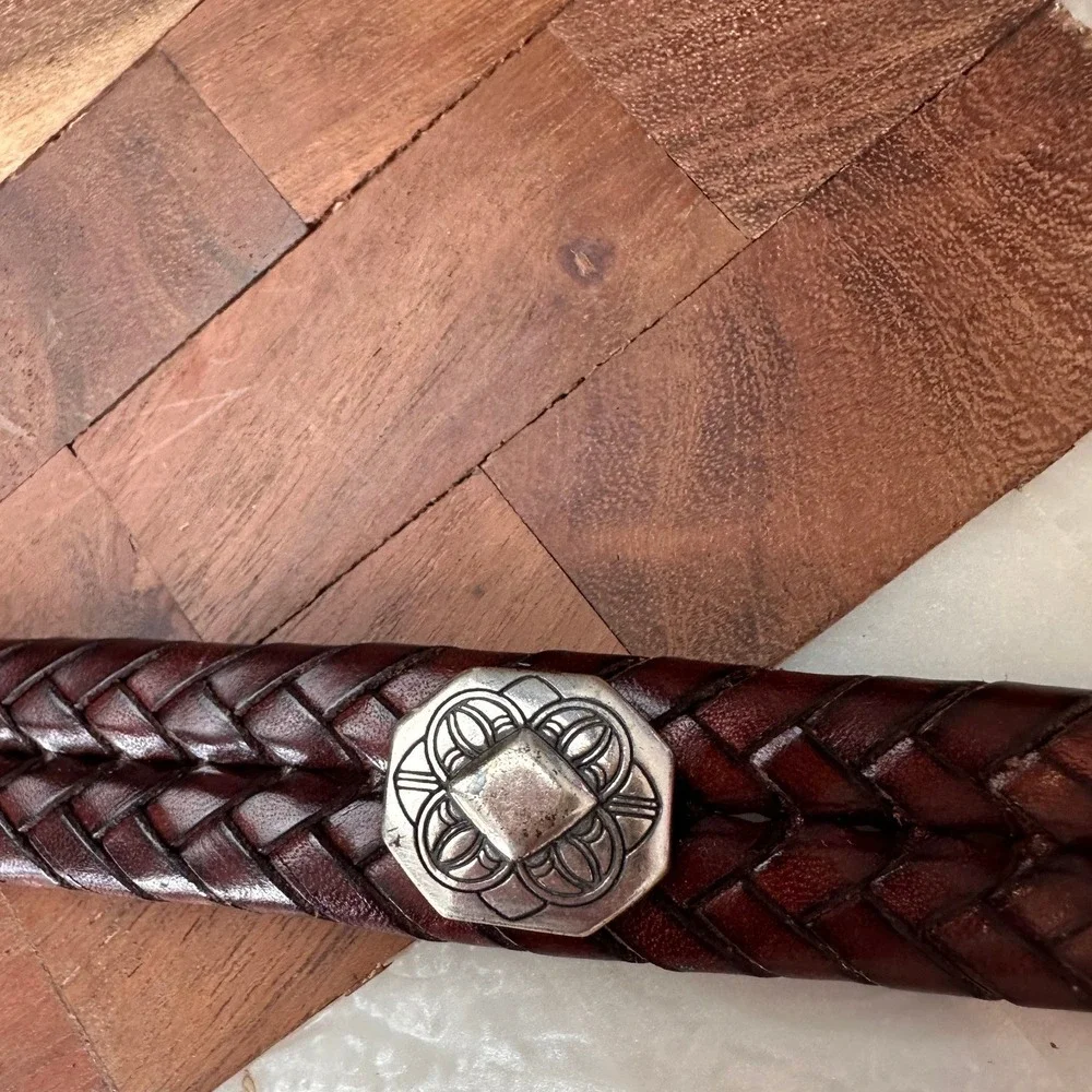 Brighton Braided‎ Leather SZ M 30 Belt Brown Silver Engraved Buckle Western Boho